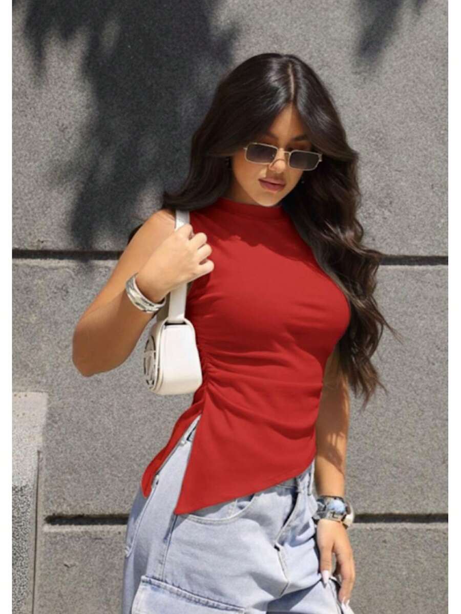 Women's Asymmetrical Tank Top With Ribbed Cuffs And Ruching. - Rojo - Ver 1