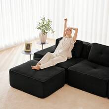 Living Room Sofa Made Of Corduroy, Boneless L-Shaped Sofa With Deep Seat, 3-Seater Modular Sofa With Ottoman, Corner Sofa For Living Rooms And Apartments, Assembly Not Included - 黑色 - 查看 5