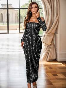 露肩开衩紧身连衣裙 – 闪亮弹力美人鱼礼服，修身显瘦，适合夜店派对、约会之夜和晚宴，优雅迷人，情人节必备 - 黑色 - 查看 3