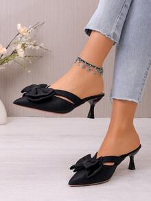 Fairy Style Pink Sandals, French Pointed Toe Bowknot Hollow High Heel Mule Sandals, Beach Bowknot - Black - View 4