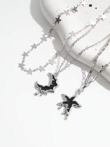 3pcs Y2K Streetwear Chic Girl Sweet Drip Oil Star Moon Silver Star Sequin Chain Necklace Set