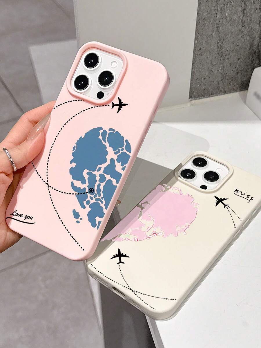 2 Peças Capas de Telefone Soft TPU Branco Leitoso e Rosa com Padrão Gráfico Estético de Coração, Avião, Mapa e Letra, À Prova de Choque, Compatível com iPhone 16 Pro Max/16/16 Pro/16 Plus/15/15 Pro Max/15 Pro/11/12/13/14 Pro Max/11 Pro/11 Pro Max/12 Pro/12 Pro Max/13 Pro/13 Pro Max/14 Pro/14 Pro Max - Multicolorido - Visão 1