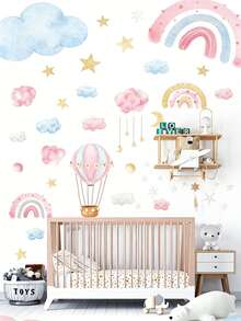 1pc Pink Hot Air Balloon, Moon, Star, Cloud Wall Sticker - Removable Decal, Suitable For Baby Girl Nursery, Bedroom, Baby Shower Party Home Decor Gift - Pink - View 5