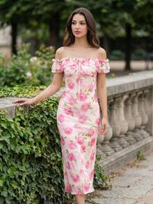 Women's Elegant Pink Rose Print Off Shoulder Ruffled Ruched Bodycon Maxi Dress, Chic Sleeveless Summer Dress, Romantic Garden Party Outfit - Multicolor - View 8