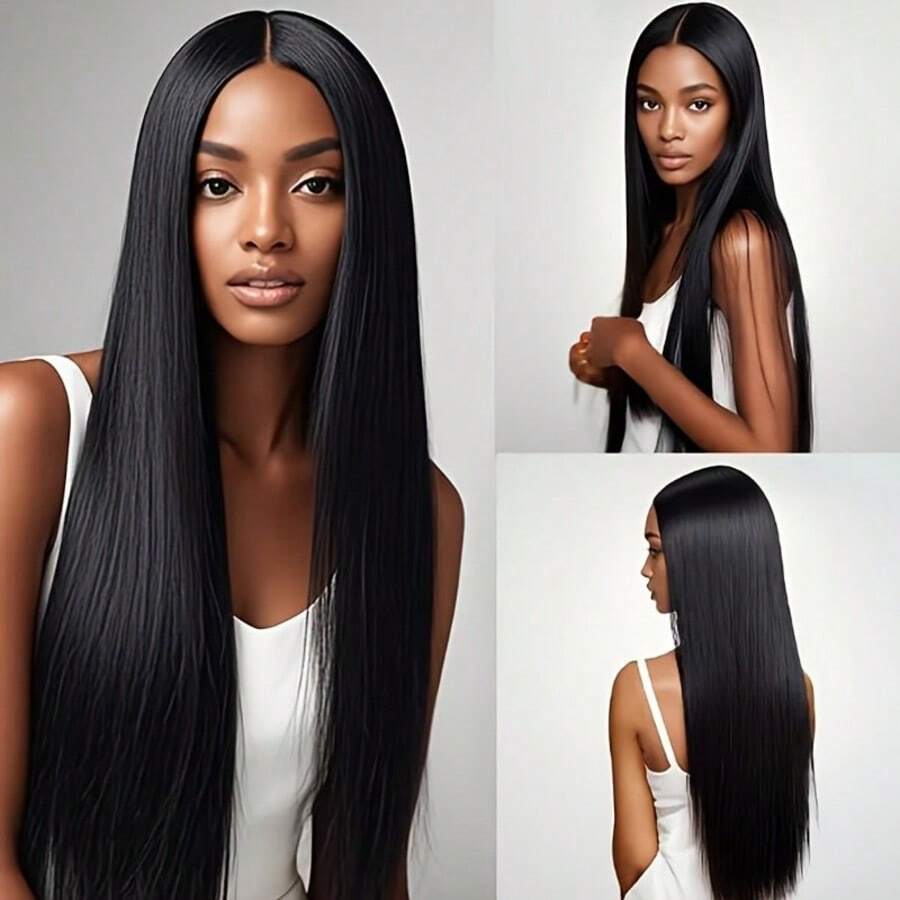 NATAN 优雅 28 英寸自然黑直发合成假发，女士款 - 中分，高密度，耐热纤维，适合日常佩戴和派对，高品质 - 自然色&黑色系 - 查看 1