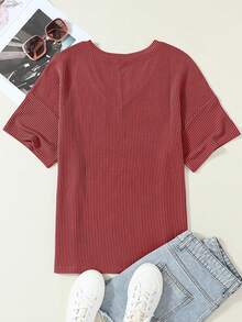 CILKOO Women's Loose Twist Pocket V-Neck Casual Short Sleeve T-Shirt, Spring/Summer - Burgundy - View 9
