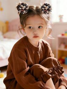 2pcs/pack Dark Leopard Print Tassel Flower Hair Clips For Girls - Multicolor - View 3