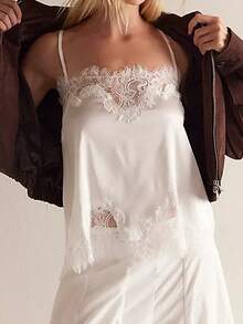 Satin Pajama Set For Women 2 Piece Lace Lingerie Set Y2k Silk Spaghetti Strap Cami Tops And Shorts Set Sleepwear - 白色 - 查看 7