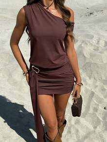 Doriss Sexy Goddess Off-The-Shoulder Waist Line Ribbon Metal Buckle Short Dress, Festival Going Out, Wedding Season, Valentine's Day, Bohemian, New Year Outfit, Spring Outfit For Women, Summer Dresses, Vacation Outfits Women - Brown - View 3