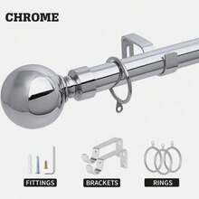 0121 Set Extendable Metal Curtain Pole – 60mm Ball Finials, Rings & Fittings, Easy Install, Modern Design For Window - Chrome - View 3