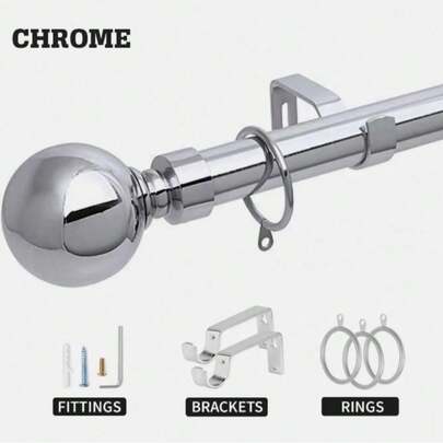 0121 Set Extendable Metal Curtain Pole – 60mm Ball Finials, Rings & Fittings, Easy Install, Modern Design For Window
