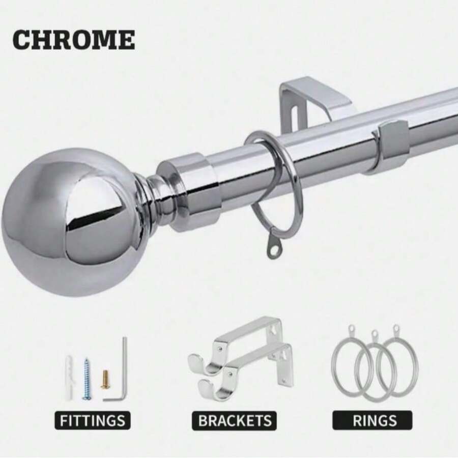 0121 Set Extendable Metal Curtain Pole – 60mm Ball Finials, Rings & Fittings, Easy Install, Modern Design For Window - 鉻合金 - 查看 1