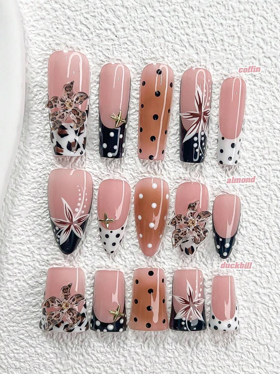 10pcs Y2K Stylish Handmade Nail Stickers, Available In Nude, White, Black, Includes Polka Dot Pattern, Hand-Painted 5-Petal Flowers, Leopard Print Floral Decor And Gold Star Accessories. 3 Styles Available: Almond-Shaped, Square, Duck Mouth Nail Stickers. Includes Tool Kit (1pc Jelly Sticker + 1pc Nail File). Suitable For Women And Girls, Can Be Used For Daily Photos, Parties, Autumn/Winter Season. Nails - Nhiều màu - Xem 1