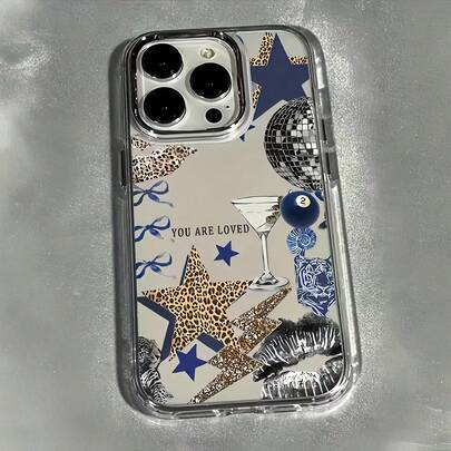 1 pieza Funda de teléfono minimalista con botón chapado en lujo, collage transparente de relámpago, estrella y labios, compatible con iPhone 16 Pro Max, 17/16/15/14 Plus, 13/12/11, Air