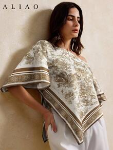 Aliao High-End Sunset Print Off-The-Shoulder Batwing Sleeve Top, Eye-Catching Outfits, New Year, Valentine's Day Outfit, Elegant Ladies, Beach Outfit, Thanksgiving Outfit, Graduation, Back To School, Holiday Outfits - Multicolor - View 1