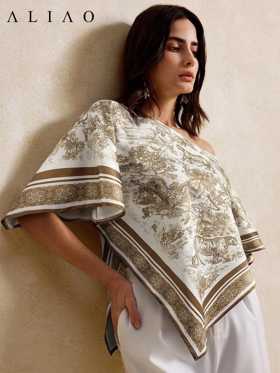 Aliao High-End Sunset Print Off-The-Shoulder Batwing Sleeve Top, Eye-Catching Outfits, New Year, Valentine's Day Outfit, Elegant Ladies, Beach Outfit, Thanksgiving Outfit, Graduation, Back To School, Holiday Outfits - Multicolor - View 1