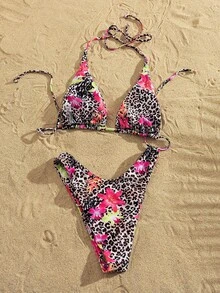 Bộ bikini buộc dây cổ gợi cảm họa tiết da báo và hoa dành cho nữ, thích hợp cho kỳ nghỉ biển. - Nhiều màu - Xem 6