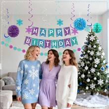 17 Pcs Winter Wonderland Drations Kit, Blue Purple Teal Hanging Snowflake Ornamen, Happy Birthday Banner, Paper Fans, Pompoms Set For Girls 1st 2nd 3rd 4th 5th Frozen Themed Birthday Supplies - 杏色 - 查看 6