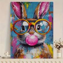 1pc Cute Rabbit Wearing Glasses Canvas Art Print - Vibrant Easter Wall Decor, Frameless Home Room Decoration, Ideal Holiday Gift, Rabbit Accessory - Multicolor - View 6