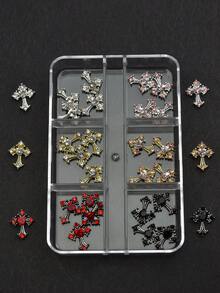 30件套Y2K金银黑十字美甲装饰套装，带水钻合金美甲饰品配件，适用于美甲DIY造型 - 銀色 - 查看 3
