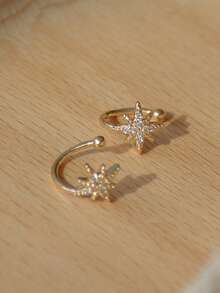 1 par de pendientes con forma de estrella de estilo de tachuelas sin perforación, accesorios de pendientes de clip elegantes y refinados, adecuados para el uso diario de las mujeres y como regalo festivo. - Dorado - Ver 3