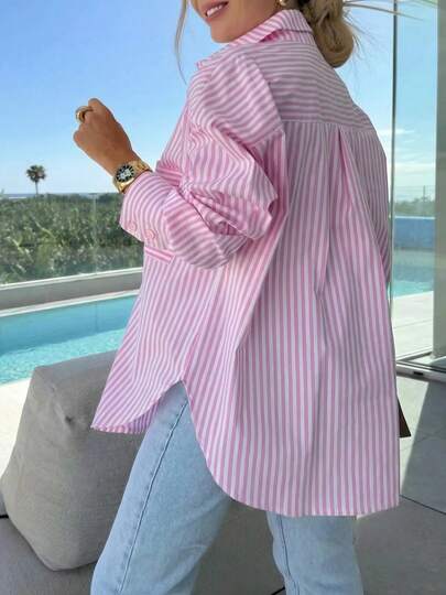 Camisa a rayas de manga larga para mujer talla grande, de corte holgado y casual para uso diario y en la primavera/verano, color rosa