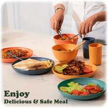 32 pièces de vaisselle pour cuisine, service pour 8 personnes, assiettes plates, assiette dessert, bols à céréales, tasses, vaisselle colorée incassable pour camping en plein air - 32 mehrfarbige Teile - Übersicht 7