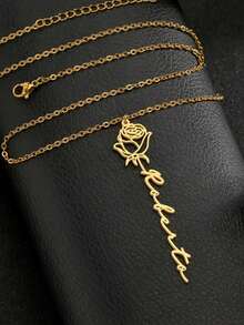Customized 1pc 18K Gold Plated Stainless Steel Personalized Name Necklace With Rose Pendant - Customized English Font, Ideal For Mother's Day, Valentine's Day, Birthday, Anniversary, Graduation And Christmas Gifts, Letter Necklace - Multicolor - View 5