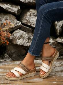 Women's European & American Style Woven Straw Rope Thick Sole Hollow Wedge Sandals, Casual Vacation Wear Summer Sandals - White - View 2