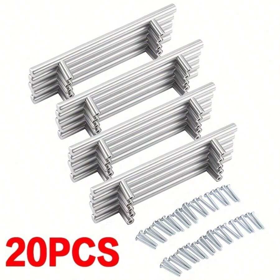 20pcs Kitchen Cupboard Cabinet T-Bar Door Handle Brushed Stainless Steel Silvery, Cabinet Hardware, Furniture Handles, Modern Cabinet Pulls, Minimalist Handles, Highquality Metal, Durable Hardware, Tshaped Handles, Draw Knob Bar Furniture Door Kit, Drawers - Cabinet Door Hardware - 20 PCS - View 1