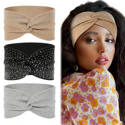 3Pcs Sparkly Crystal Headband, Elastic Rhinestone Wide Headbands, Sparkly Crystal African Turban Wraps Stretchy Sequin Wide Head Wraps Sport Hair Bands For Women(Black Khaki Light Gray)