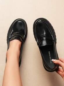 Women Platform Black Patent Loafers 1.57-Inch Chunky Mid-Heel Flatform Loafer Round Toe Versatile Classic Casual Slip On Shoes, 2026 New Spring Summer Shoes - ĐEN-PAT - Xem 2