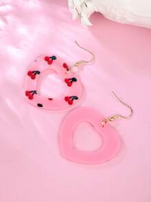 Tsnamer Brincos Pingente de Argila Polimérica em Formato de Coração com Estampa de Cereja, Joias do Dia dos Namorados, Estilo Retrô Fofo Lolita, Brincos de Pressão