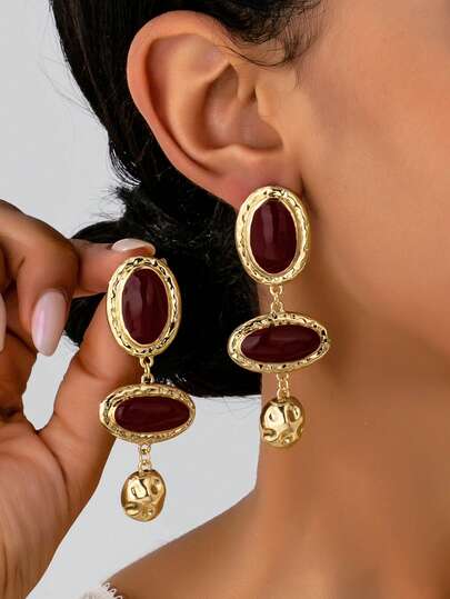 1 Pair Vintage Elegant Asymmetrical Geometric Enamel Dangle Earrings For Women, Sophisticated Jewelry Accessory Suitable For Daily Wear, Dates, Parties, Vacations, Flattering Face Shape