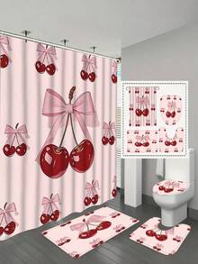 1/4pcs Pink Bow & Cherry Pattern Bathroom Curtain Set, Modern Style Home Decor Printed, Washable, Fashionable Theme, Suitable For All Seasons, Easy Installation - Includes 12 Hooks For Bathroom, Guest Room, Bedroom, Living Room - Multicolor - View 3