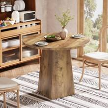 LITTLE TREE 80cm Round Farmhouse Dining Table For 2-4 - Small Kitchen & Living Room Space-Saving Square Base, Rustic Brown - Maroon - View 8