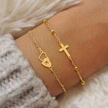 2件套经典双心字母十字架金色不锈钢珠链叠戴手链，女士款
