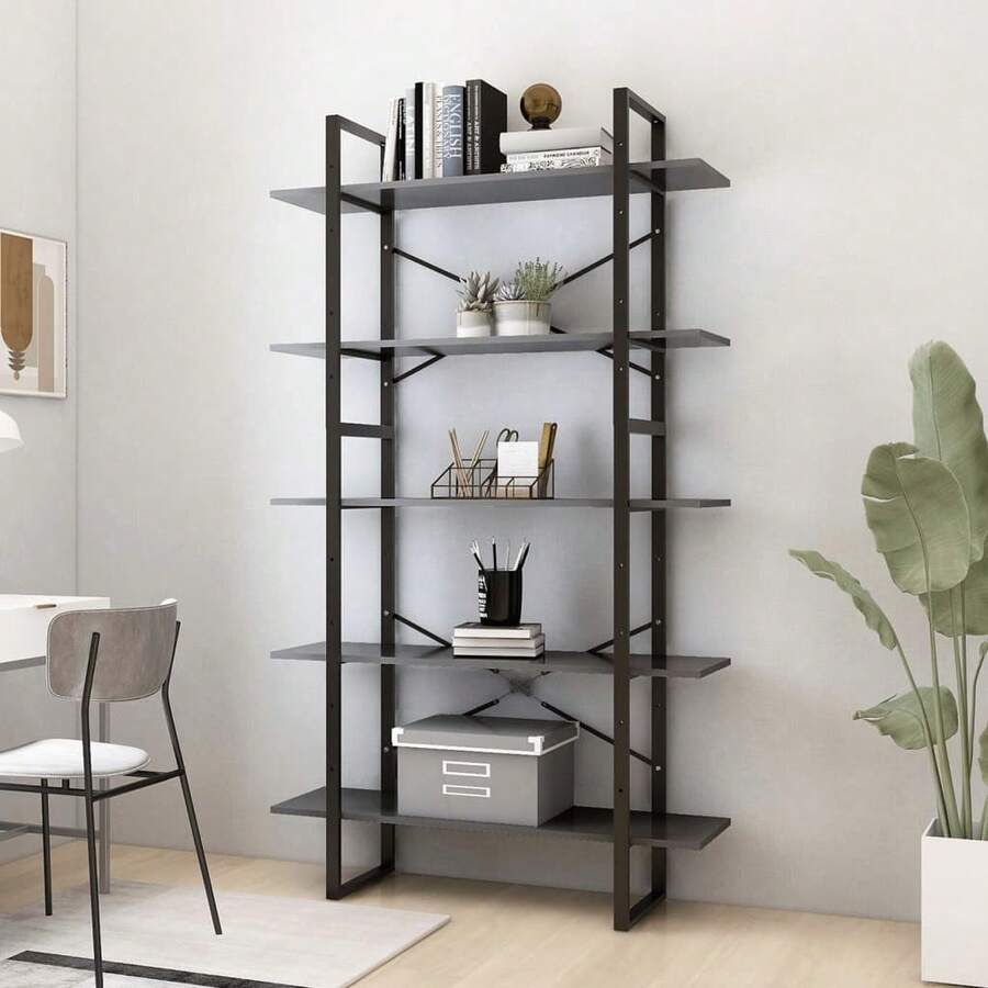 vidaXL Biblioteca de 5 níveis cinza 100x30x175 cm madeira de engenharia - Cinza - Ver 1