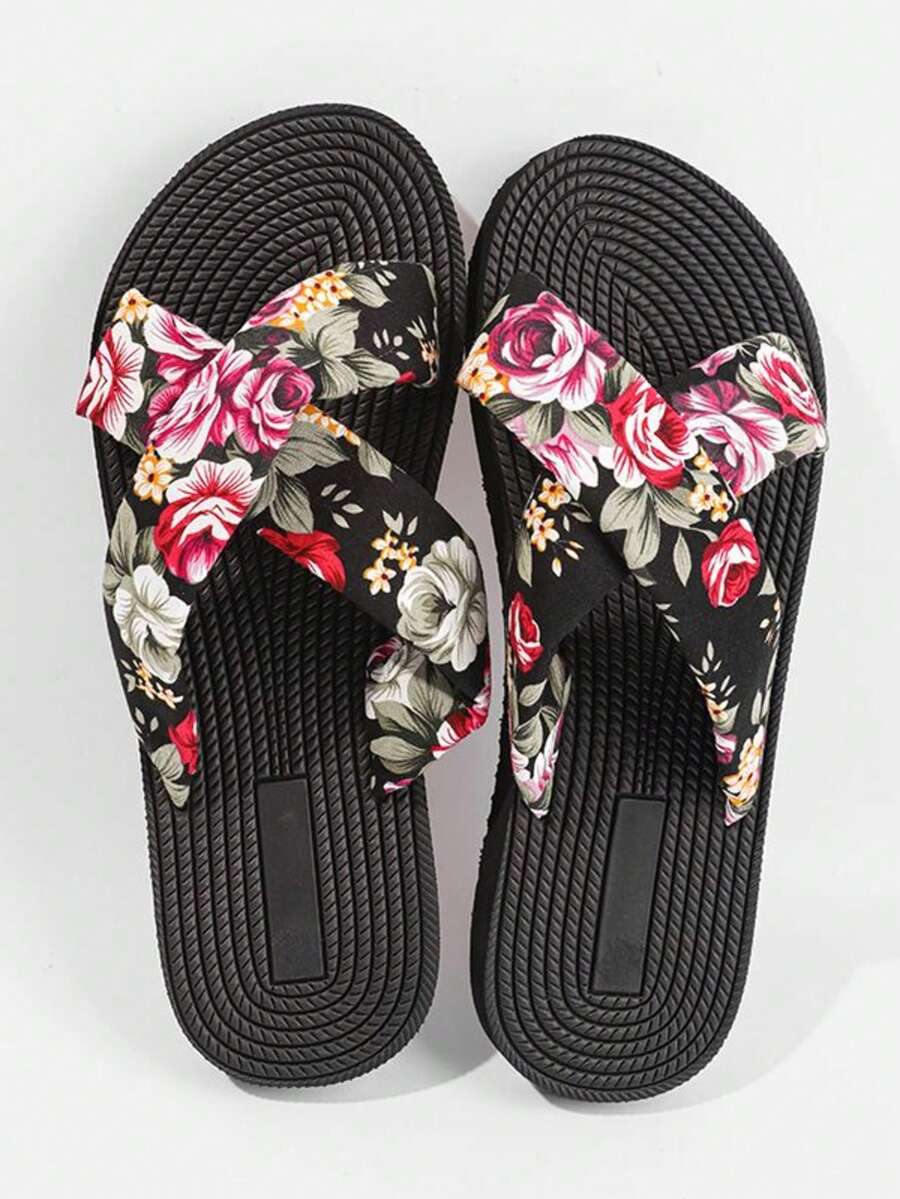 女士印花沙滩拖鞋，交叉绑带凉鞋，适合沙滩、度假、户外活动，四季皆宜