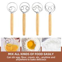 不锈钢丹麦蛋双环打蛋器 | 手动搅拌器，橡木手柄，易于使用，搅拌均匀，适用于面包、糕点、打发奶油，厨房烘焙工具 - 无需用电 - - - 查看 5
