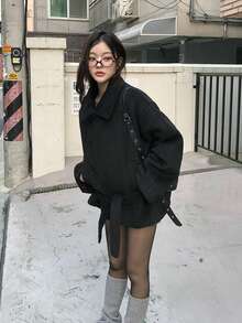 韩式双排扣立领大衣 - 黑色 - 查看 7