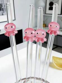 1/2pcs Reusable Glass Straw Set With Octopus Design - Transparent, Bendable Straws Perfect For Smoothies Or Cocktails; Cute Gift Set Ideal For Holidays, Back To School, Ocean-Themed Parties, New Year Or Valentine's Day - Clear - View 6