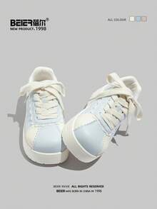 BEIER Casual Spring/Autumn New Fashion Versatile Leather Round Toe Flat Lace-Up Skateboard Sneakers For Women - Baby Blue - View 2