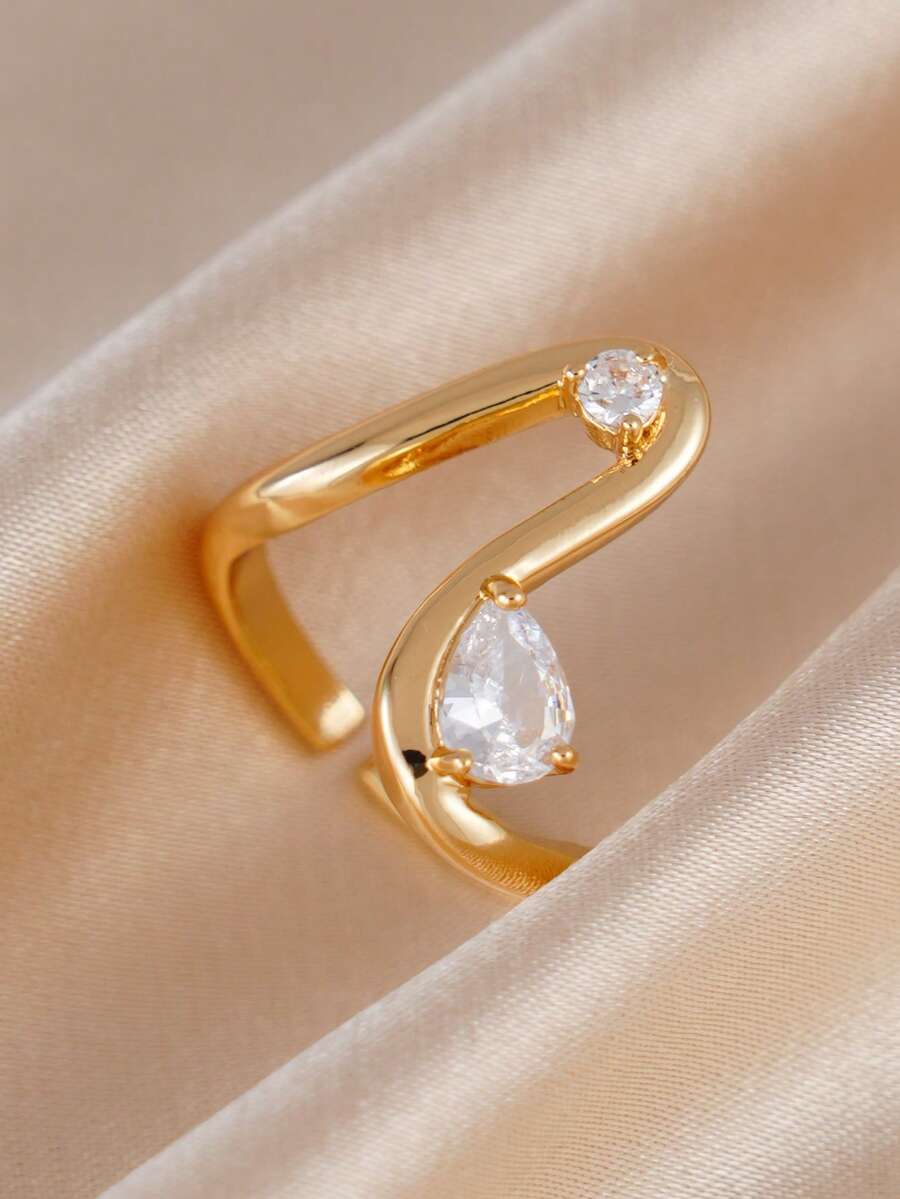 1pc Minimalist Asymmetrical Zirconia Inlaid Water Drop Shaped Ring, Fashionable Jewelry Accessory Suitable For Women's Daily, Dating, And Work Wear - Yellow Gold - View 1