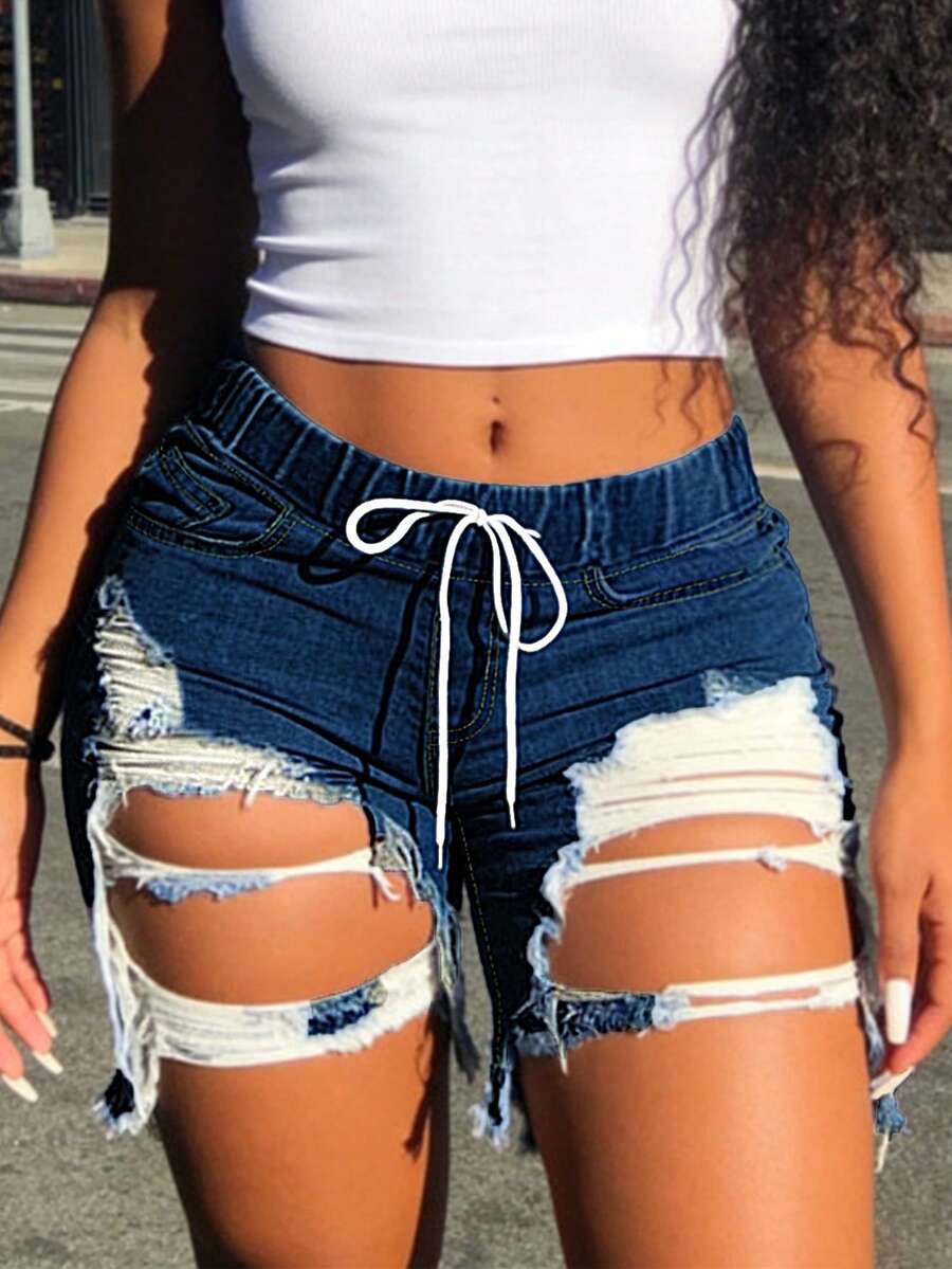 Quần short denim nữ cạp cao, có dây rút, kiểu dáng rách tua rua - Eo co giãn, ôm dáng, có túi tiện dụng, thời trang thường ngày. - Rửa tối - Xem 1