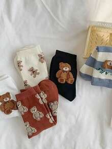 5 Pairs Of Women's Cartoon Bear Mid-Calf Socks,Playful Campus Cute Style, Soft And Comfortable, Suitable For Daily Wear, Home, Commuting, And Sports, All-Season Versatile Long Socks, Easter Gift - Multicolor - View 3