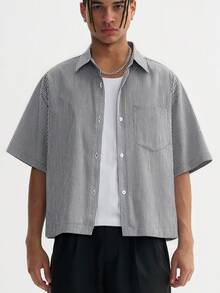 Men's Boxy Oversized Striped Button Up Shirt - màu đen - Xem 12