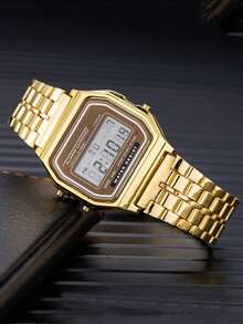 1pc Ultra-Thin Steel Band LED Digital Watch, Multi-Function, Fashionable Gold/Silver Backlight - one-size - View 10