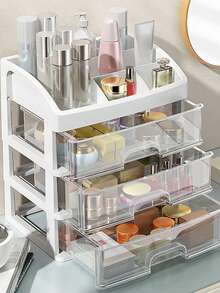 1pc Stylish Multi-Compartment Drawer-Style Storage Box, Transparent Plastic Organizer Box, Minimalist & Practical Design Transparent Square Multi-Layer Storage Box, Suitable For Organizing Manicure Tools And Accessories, Ideal For Home Manicure Desk Storage - White - View 8