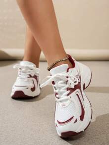 Women's Color - Block Chunky Sneakers, Mesh - Breathable, Retro Dad - Shoe Style, Comfortable For Running And Casual Sports .Soft Leather Thick-Soled Height-Enhancing Sneakers, Women's Breathable Mesh 2025 Spring, Summer And Autumn New Casual Running Shoes, Music Festival Millennial Style Back To School Must-Have - 紅色. - 查看 4